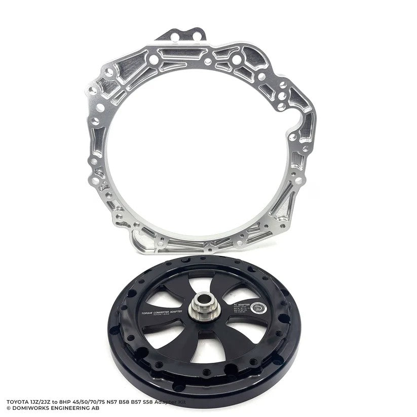 DomiWorks Engineering 1JZ/2JZ to BMW 8HP adapter kit with aluminum plate and hardware