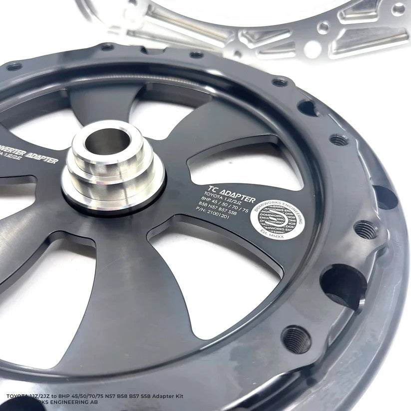 DomiWorks Engineering 1JZ/2JZ to BMW 8HP N57 B58 adapter kit with aluminum plate and converter adapter